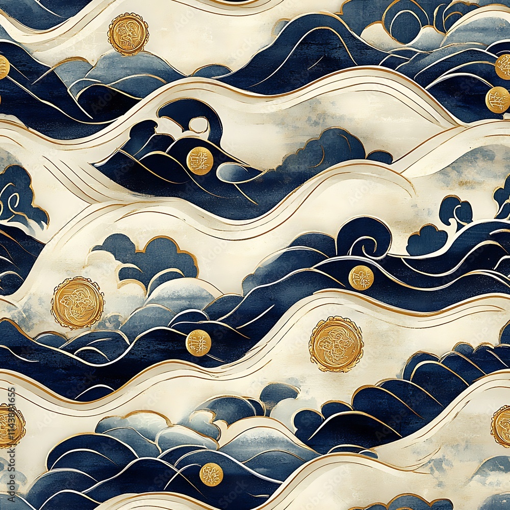 Elegant Waves and Clouds in Gold and Blue Traditional Style Design Elegant Waves and Clouds in Gold and Blue Traditional Style Design