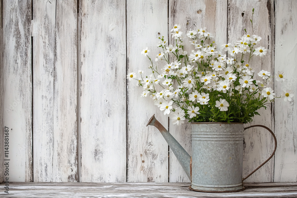 Fototapeta premium Rustic metal watering can filled with white daisies placed against a weathered wooden background evoking simplicity and charm