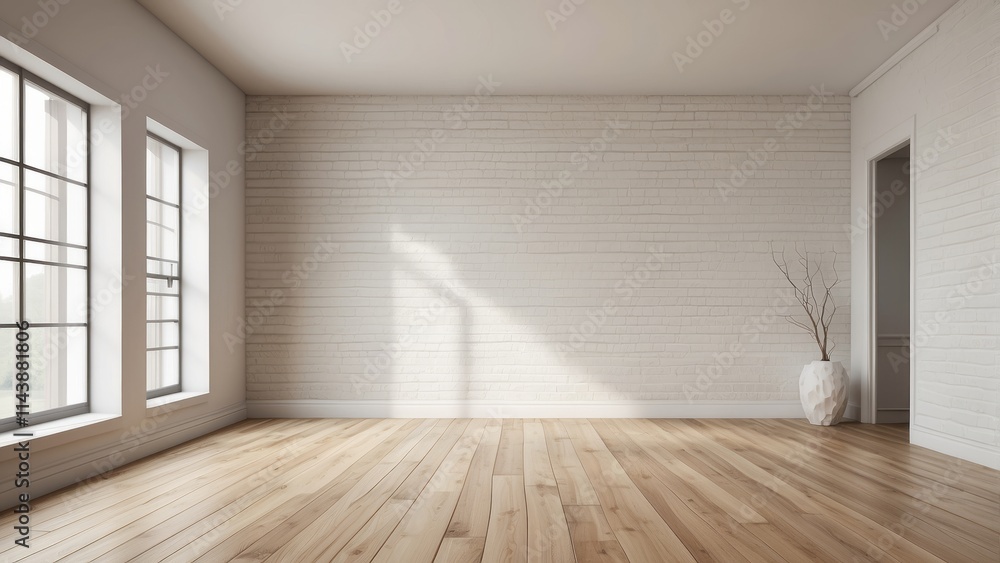 Obraz premium Empty Modern Room With White Brick Wall And Wood Floor