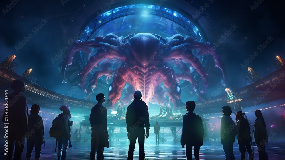 A group of aliens gathered around a glowing otherworldly artifact in the heart of a neon lit futuristic alien cityscape showcasing their advanced technology and cosmic culture A group of aliens gathered around a glowing otherworldly artifact in the heart of a neon lit futuristic alien cityscape showcasing their advanced technology and cosmic culture