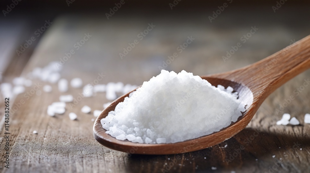 A close up macro shot of white granulated sugar crystals resting on a wooden kitchen spoon with a blurred kitchen background The image showcases the delicate A close up macro shot of white granulated sugar crystals resting on a wooden kitchen spoon with a blurred kitchen background The image showcases the delicate