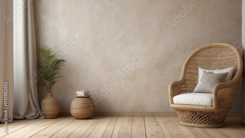 Minimalist Room Design Featuring Wicker Chair and Plant