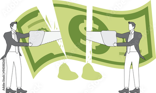 Businessmen work together to pull the saw to cut off the banknotes, cut taxes, and reduce budgets