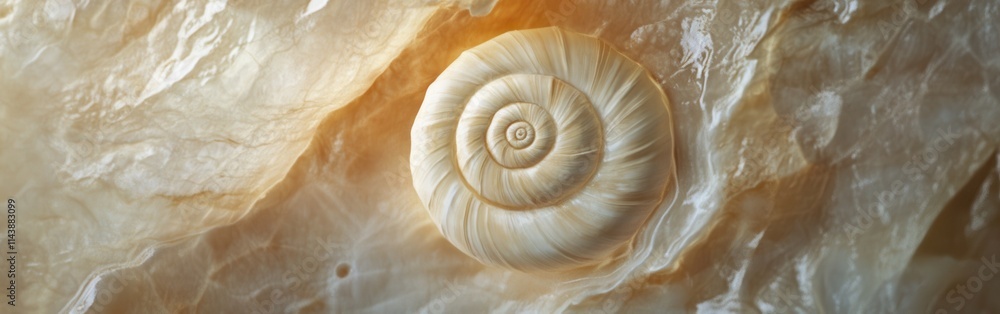 Detailed view of a spiral snail shell resting on a smooth surface under natural light Detailed view of a spiral snail shell resting on a smooth surface under natural light