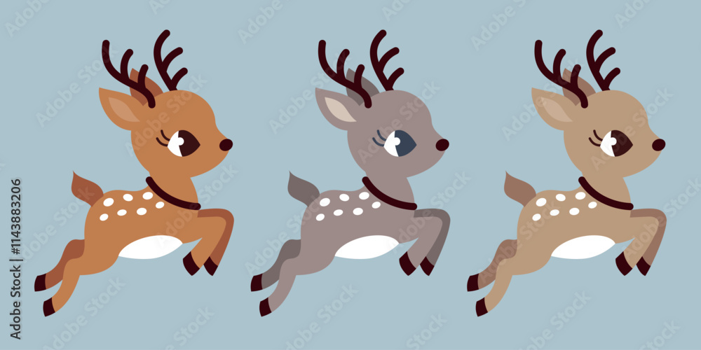 Baby deer jumping. 3 colour choices. Little reindeer flying to Santa Claus at the North Pole. Christmas winter New Year.