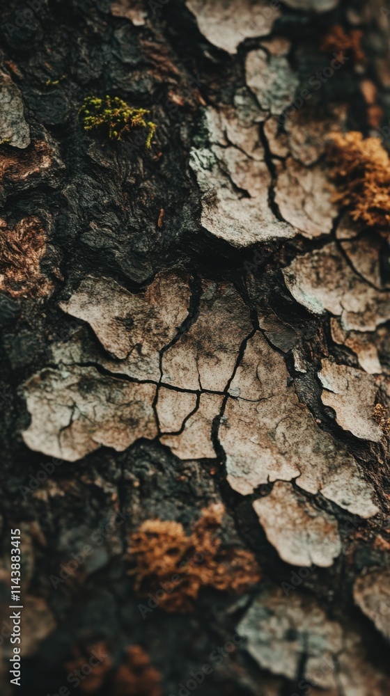 Detailed macro shot showcasing the intricate textures of rough bark with visible cracks and moss in natural habitat Detailed macro shot showcasing the intricate textures of rough bark with visible cracks and moss in natural habitat