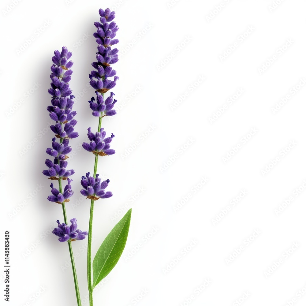 A vibrant lavender flower stem with clusters of purple blossoms and green leaves, symbolizing beauty and tranquility. A vibrant lavender flower stem with clusters of purple blossoms and green leaves, symbolizing beauty and tranquility.