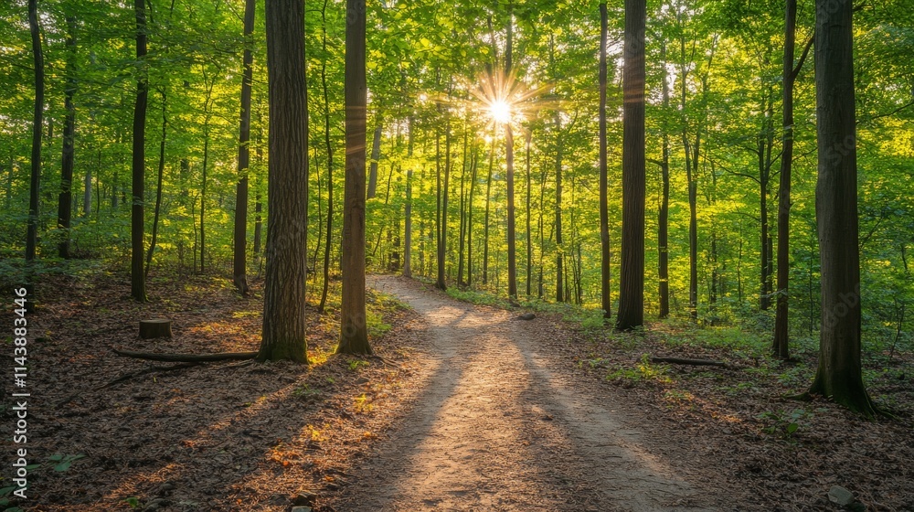 Obraz premium Sunlight Through Trees on a Serene Forest Pathway, Illuminating the Natural Beauty of a Vibrant Woodland Setting During the Golden Hour of Late Afternoon
