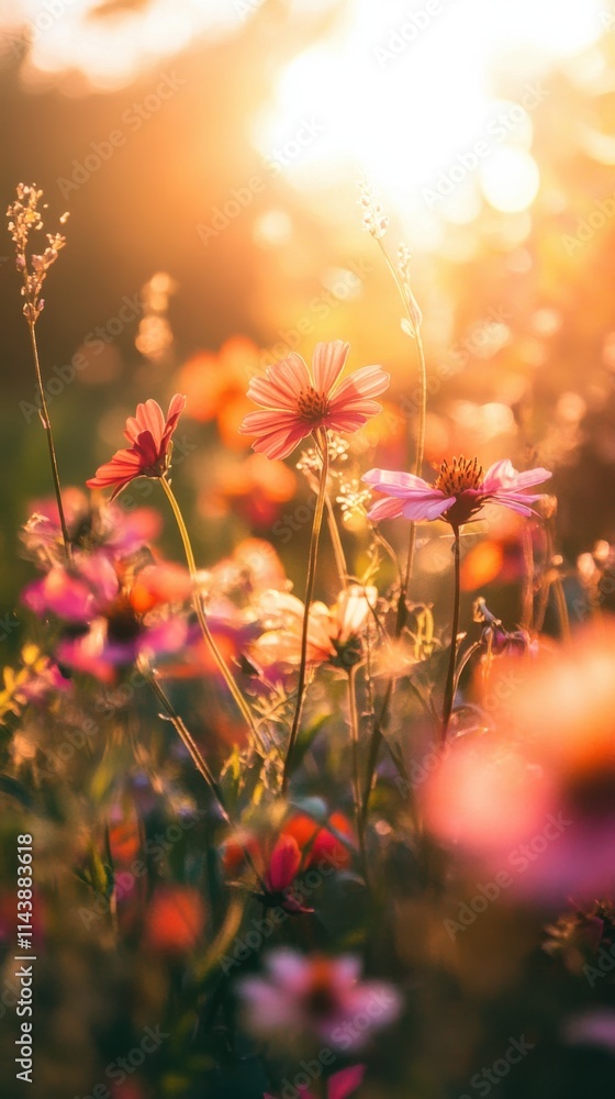 Obraz premium Bright summer wildflowers bloom in a meadow under soft golden sunlight during the warm evening hours