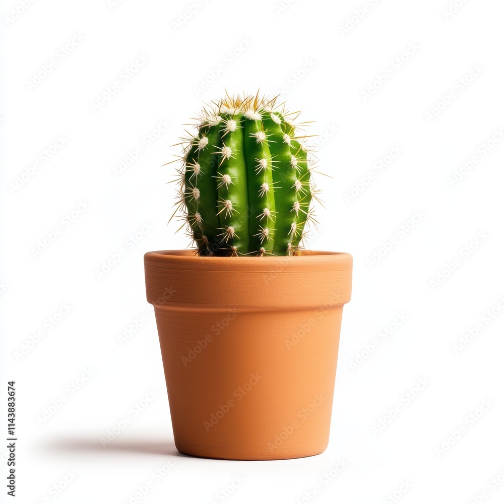 A vibrant green cactus in a simple terracotta pot, showcasing its distinct spines against a clean, white background. A vibrant green cactus in a simple terracotta pot, showcasing its distinct spines against a clean, white background.