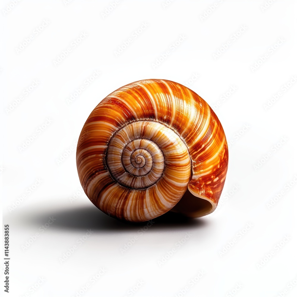 A beautifully patterned seashell showcasing vibrant orange and cream spirals, resting on a clean, white surface. A beautifully patterned seashell showcasing vibrant orange and cream spirals, resting on a clean, white surface.