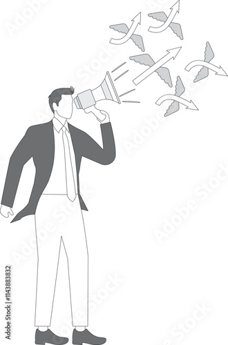 A group of arrows flew out of the megaphone held by the businessman hand, marketing and advertising, mission and information transmission