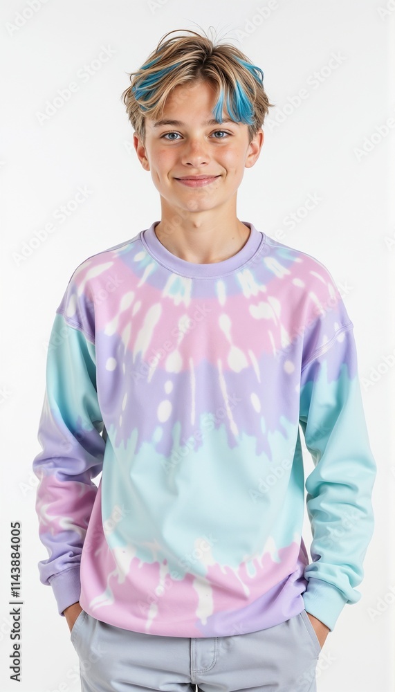 Young man in pastel tie-dye sweatshirt with blue hair on white background Young man in pastel tie-dye sweatshirt with blue hair on white background