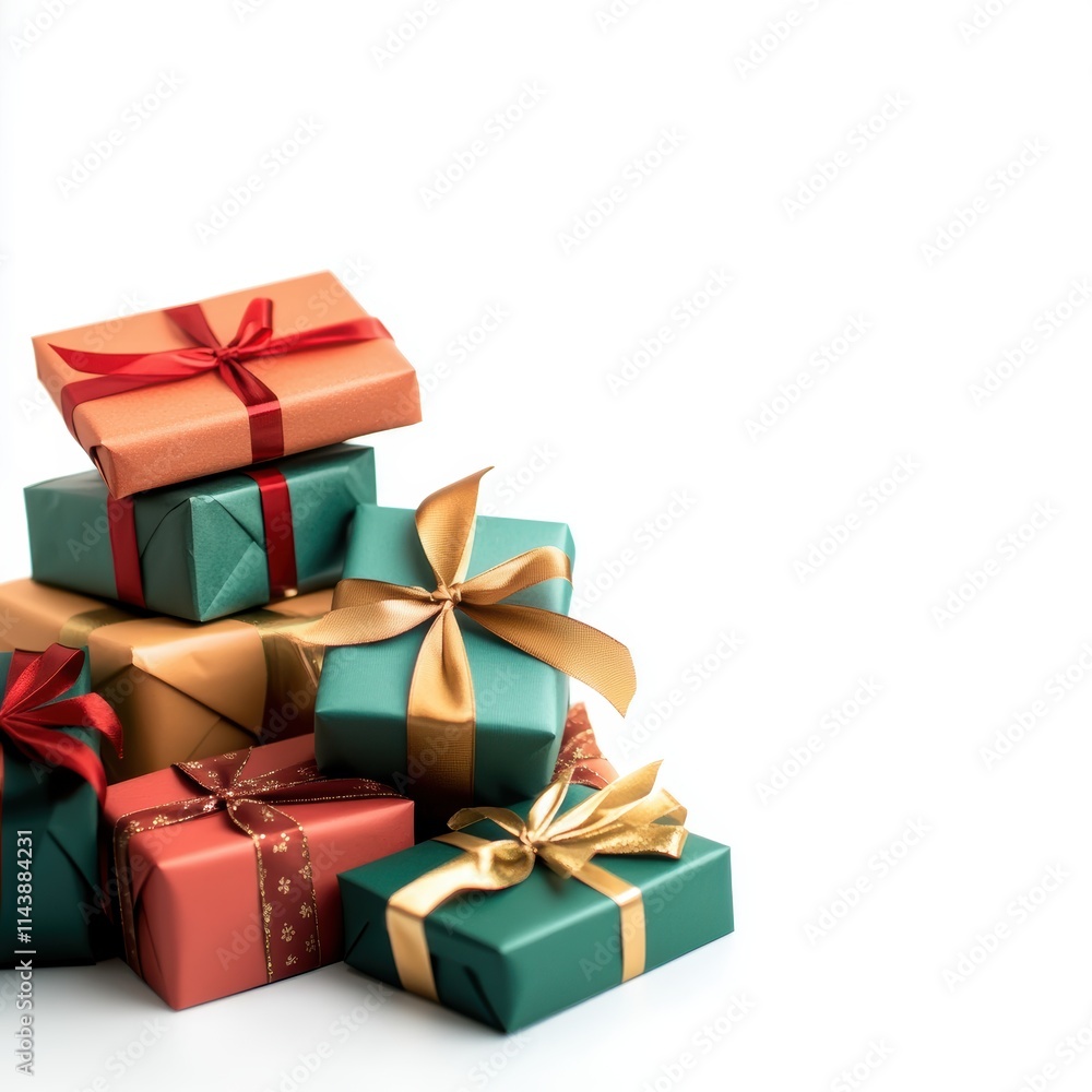 A colorful stack of beautifully wrapped gifts in festive green and red, adorned with ribbons and decorative patterns. A colorful stack of beautifully wrapped gifts in festive green and red, adorned with ribbons and decorative patterns.
