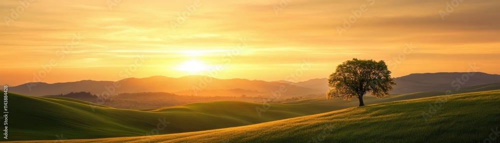 Fototapeta premium A serene landscape featuring a solitary tree at sunset, with rolling hills illuminated by warm golden light.