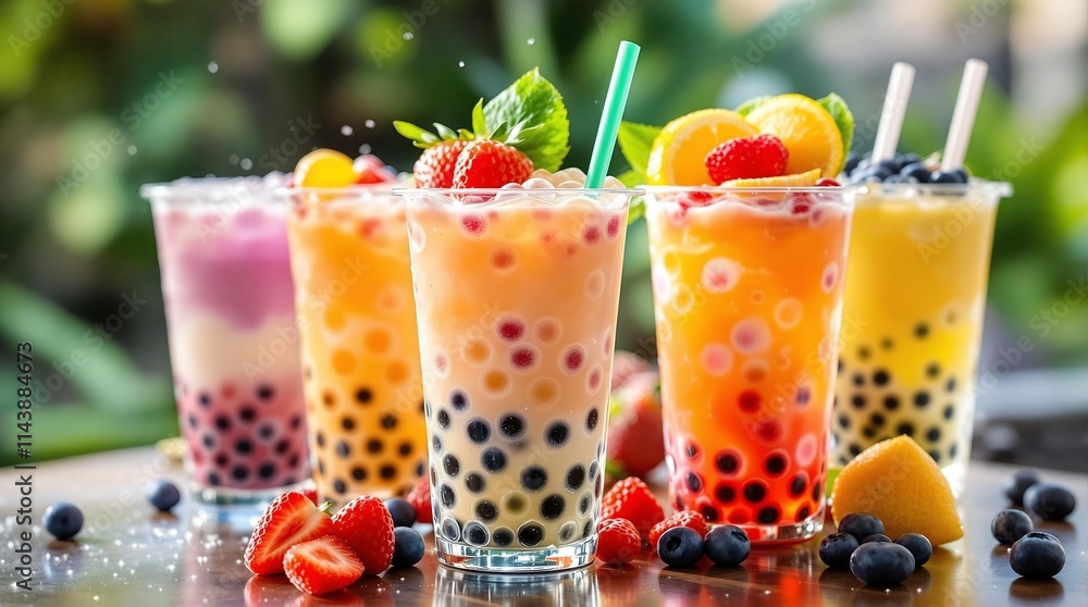 Colorful bubble tea drinks with fruit toppings and tapioca pearls Colorful bubble tea drinks with fruit toppings and tapioca pearls