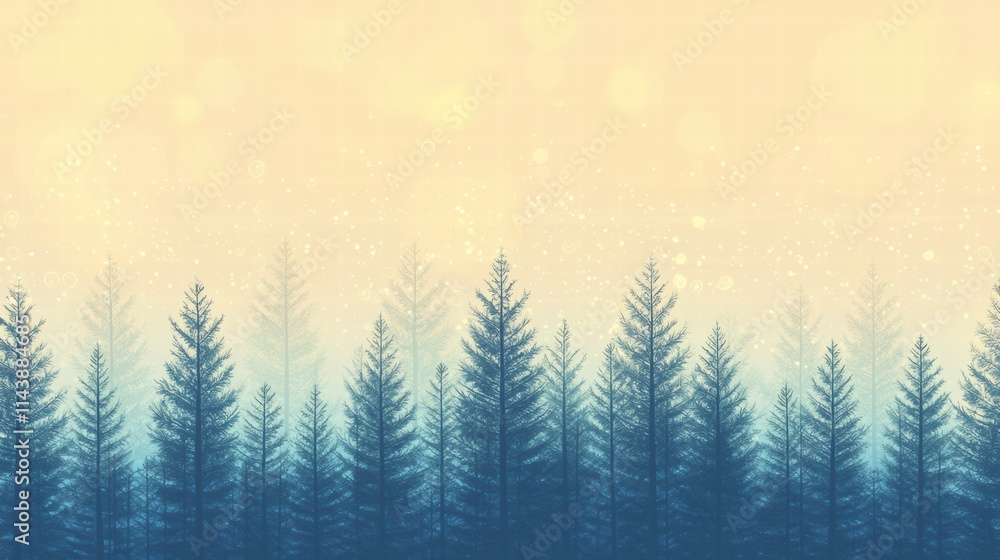 Enchanting snowy fir trees with warm glow and festive sky Enchanting snowy fir trees with warm glow and festive sky