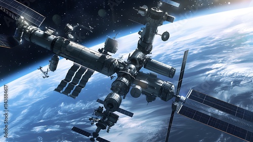 Fototapeta Naklejka Na Ścianę i Meble -  Space Station Orbiting Earth Against Background of Stars and Darkness