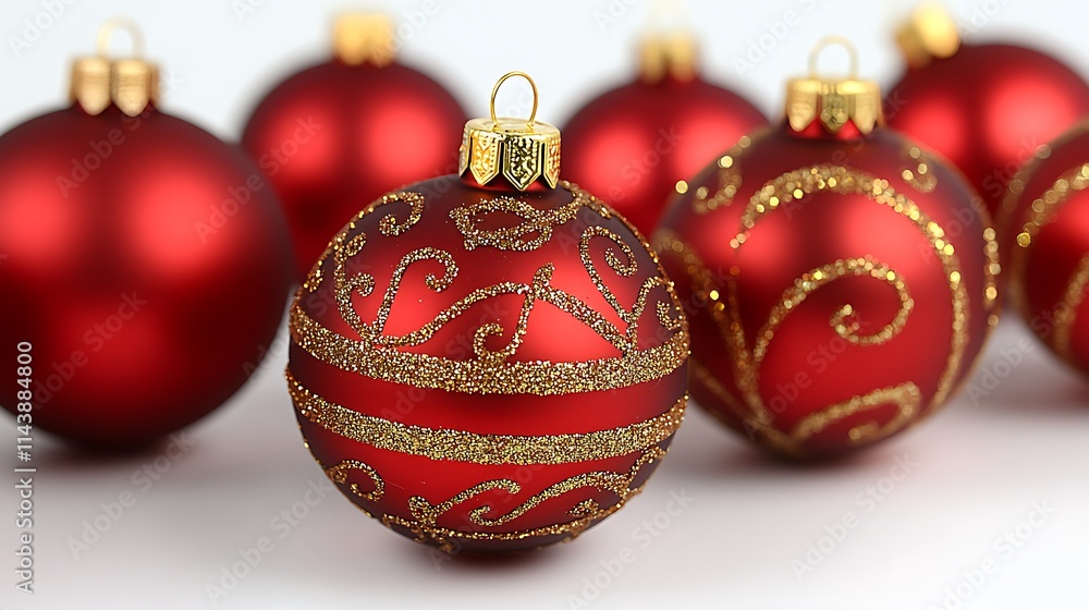 A close-up of a shiny red Christmas bauble decorated with golden glitter patterns, capturing every detail against a pristine white background A close-up of a shiny red Christmas bauble decorated with golden glitter patterns, capturing every detail against a pristine white background