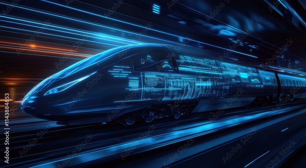 Futuristic high-speed train speeding through a city at night with digital data overlay. Futuristic high-speed train speeding through a city at night with digital data overlay.