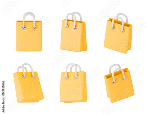 Shopping bag 3d icon set. Yellow shopping bags in different view isolated on white. Vector collection realistic gift bag. Online or retail shopping symbol. Sale, discount concept.