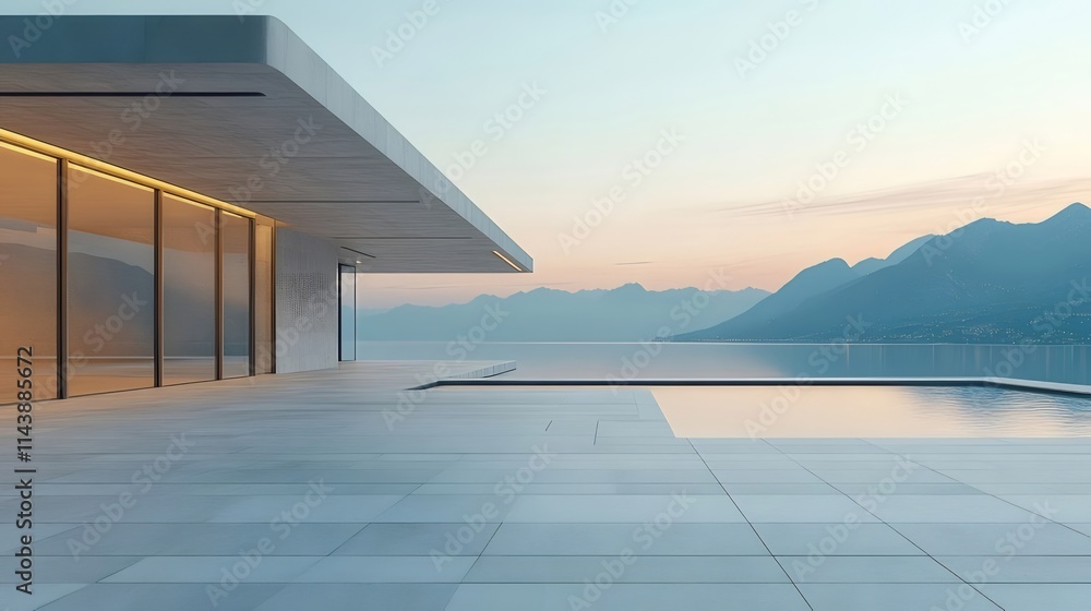 Modern house with infinity pool overlooking lake and mountains at sunrise. Modern house with infinity pool overlooking lake and mountains at sunrise.