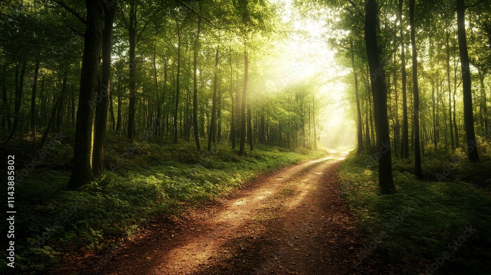 Fototapeta premium Serene Forest Path with Soft Sunlight Filtering Through Lush Green Trees Creating a Peaceful and Inviting Wilderness Scene for Nature Lovers