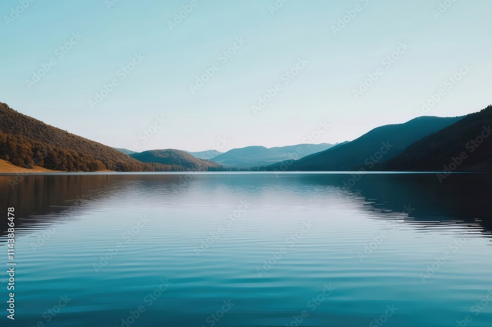 Serene lake reflecting mountains under a clear sky. Serene lake reflecting mountains under a clear sky.