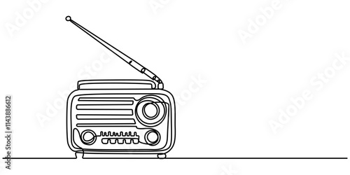 Radio. Icon with reflection on white background, Continuous one line drawing a vintage radio with a telescopic antenna sits on a table. The versatility and adaptability of radio. Timeless. World Radio