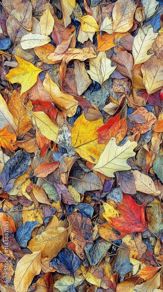 Vibrant collage of fallen autumn leaves showcasing nature's seasonal transformation on the forest floor Vibrant collage of fallen autumn leaves showcasing nature's seasonal transformation on the forest floor