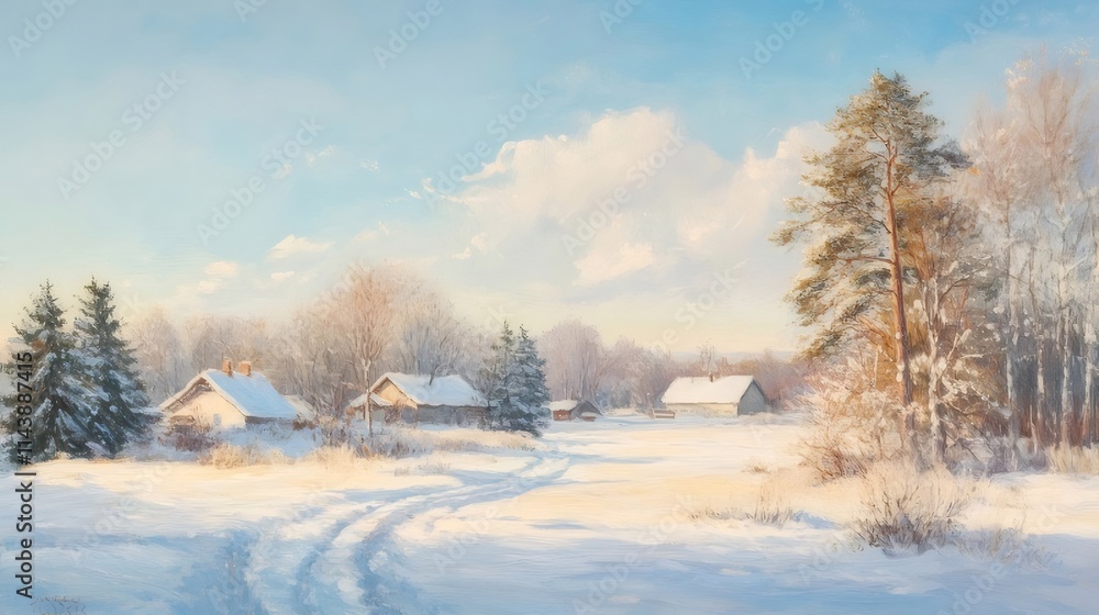 Snowy winter landscape with houses and trees under sunlight. Snowy winter landscape with houses and trees under sunlight.