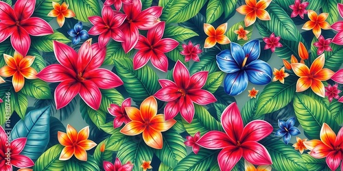 A seamless floral pattern featuring vibrant tropical flowers and lush green leaves, colorful, wallpaper