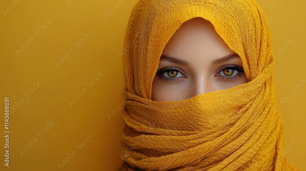 Close-up portrait of a woman wearing a yellow headscarf, her eyes are visible. Close-up portrait of a woman wearing a yellow headscarf, her eyes are visible.