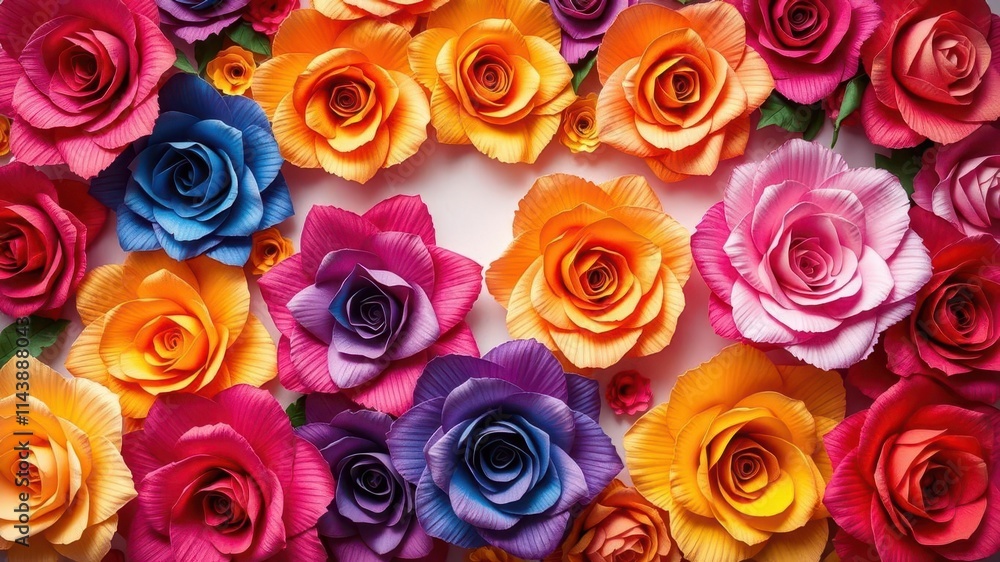 Colorful paper roses creating a vibrant backdrop, bloom, colorful Colorful paper roses creating a vibrant backdrop, bloom, colorful