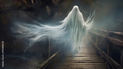 Wallpaper Mural Ghostly apparition of a supernatural otherworldly entity hovering near an old weathered wooden bridge in a mysterious moody and gloomy atmosphere with thick fog or mist Torontodigital.ca
