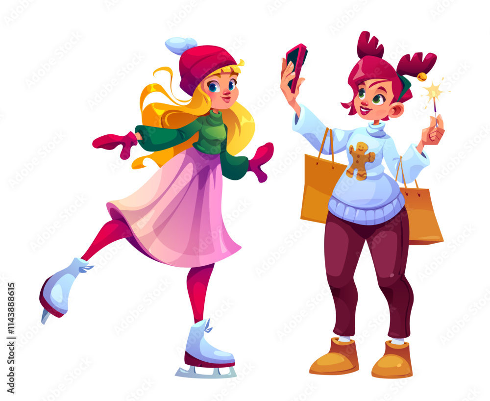 Christmas characters set - young girl ice skating in winter scarf and hat, smiling woman taking selfie photo with phone and holding shopping bags with sparkler in sweater with gingerbread cookie image Christmas characters set - young girl ice skating in winter scarf and hat, smiling woman taking selfie photo with phone and holding shopping bags with sparkler in sweater with gingerbread cookie image