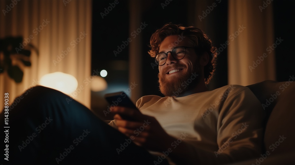 Man relaxing at home while enjoying a phone call in a cozy evening setting with warm lighting Man relaxing at home while enjoying a phone call in a cozy evening setting with warm lighting