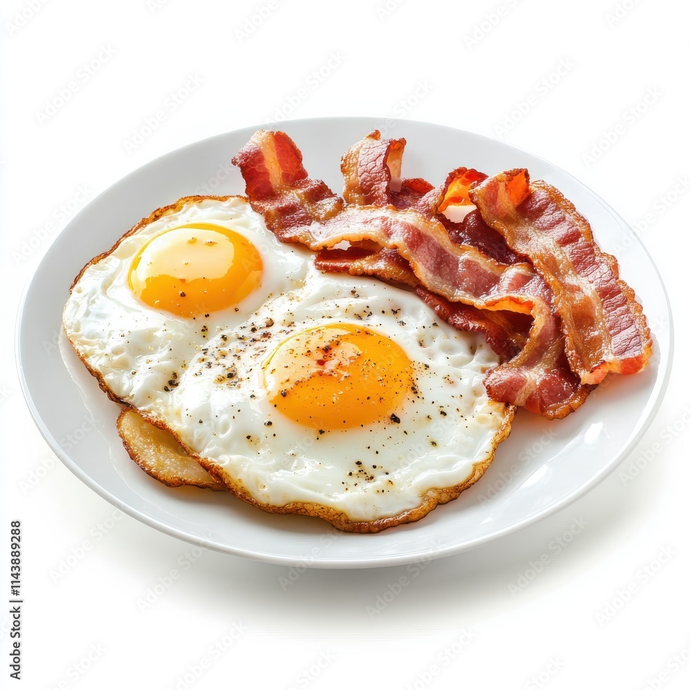 Fried eggs and bacon breakfast isolated on white background Fried eggs and bacon breakfast isolated on white background