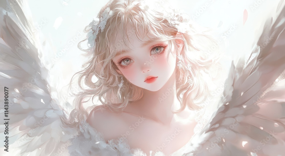 Cute anime girl with light, curly hair and angel wings, soft pastel colors, white background Cute anime girl with light, curly hair and angel wings, soft pastel colors, white background
