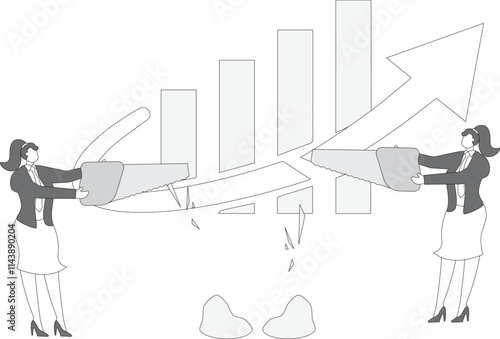 Two businesswomen saw the bar graph and histogram cut, profit splitting and sharing, economic reduction, budget reduction