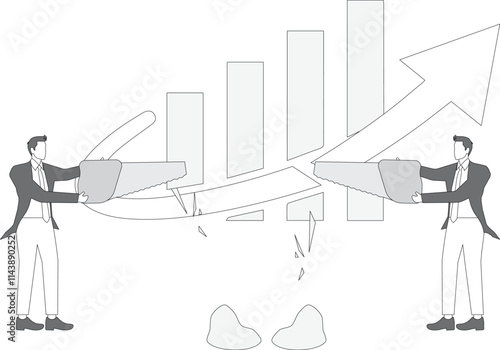 Two businessmen saw the bar graph and histogram cut, profit splitting and sharing, economic reduction, budget reduction