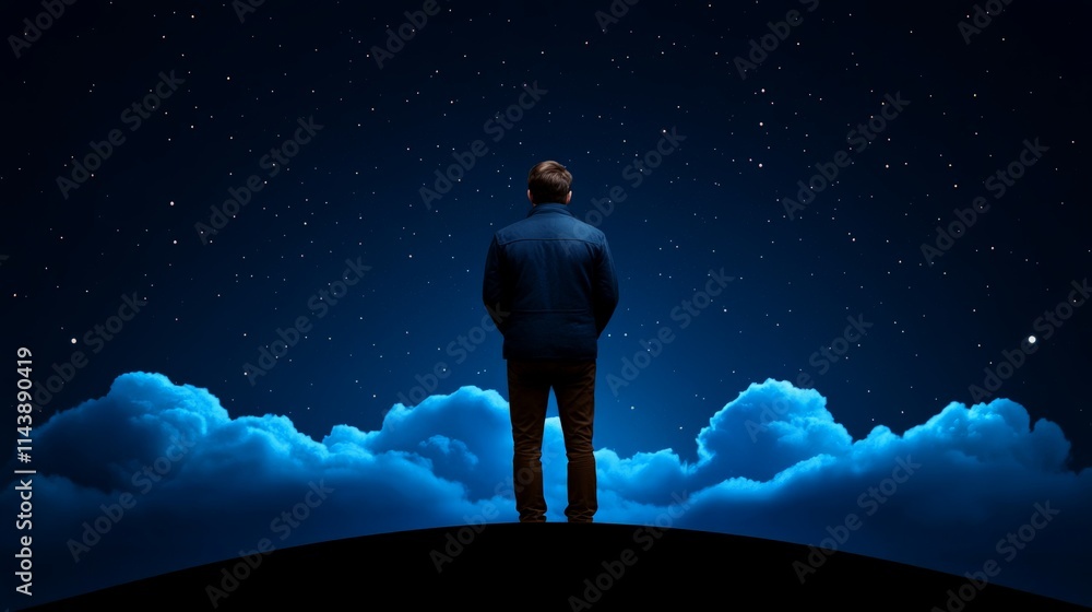 Night Sky Contemplation: A lone figure stands at the edge of the world, gazing up at a breathtaking expanse of stars and luminous clouds, a scene of profound solitude and wonder. Night Sky Contemplation: A lone figure stands at the edge of the world, gazing up at a breathtaking expanse of stars and luminous clouds, a scene of profound solitude and wonder.