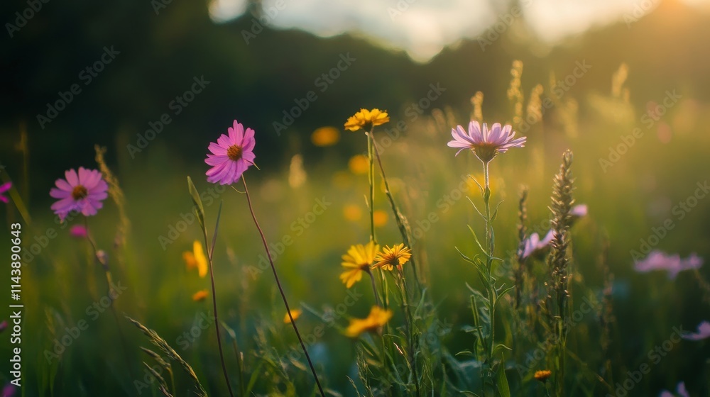 Obraz premium Vibrant Wildflower Meadow at Sunset with Colorful Blooms and Soft Focus, Capturing the Beauty of Nature in a Serene Landscape