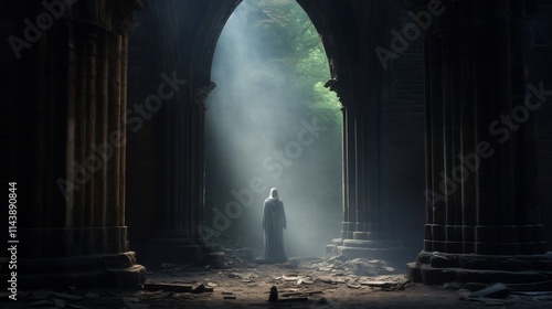A haunting spectral figure standing in the archway of an old crumbling stone church evoking a sense of mystery and the supernatural  The ghostly presence seems to emanate from the abandoned