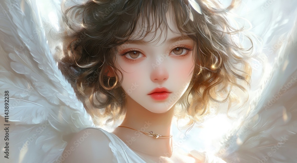 Beautiful anime girl with angel wings, light pink and white, soft lighting, white background Beautiful anime girl with angel wings, light pink and white, soft lighting, white background