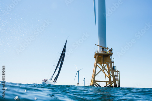 Boats sailing by Wind Turbines in New England photo