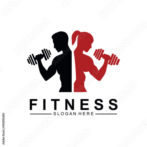 Fitness logo, Gym logo design template, with silhouettes of bodybuilders, vector illustration