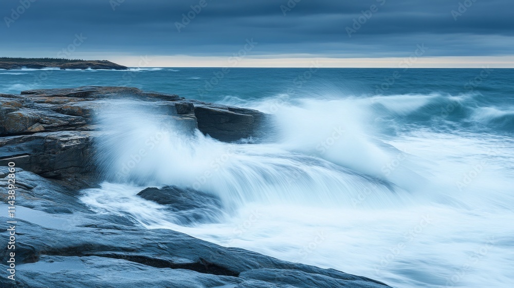 Fototapeta premium Dramatic Ocean Waves Crash Against Rocky Shoreline Under Overcast Sky during Dusk, Capturing the Beauty and Power of Nature's Elements