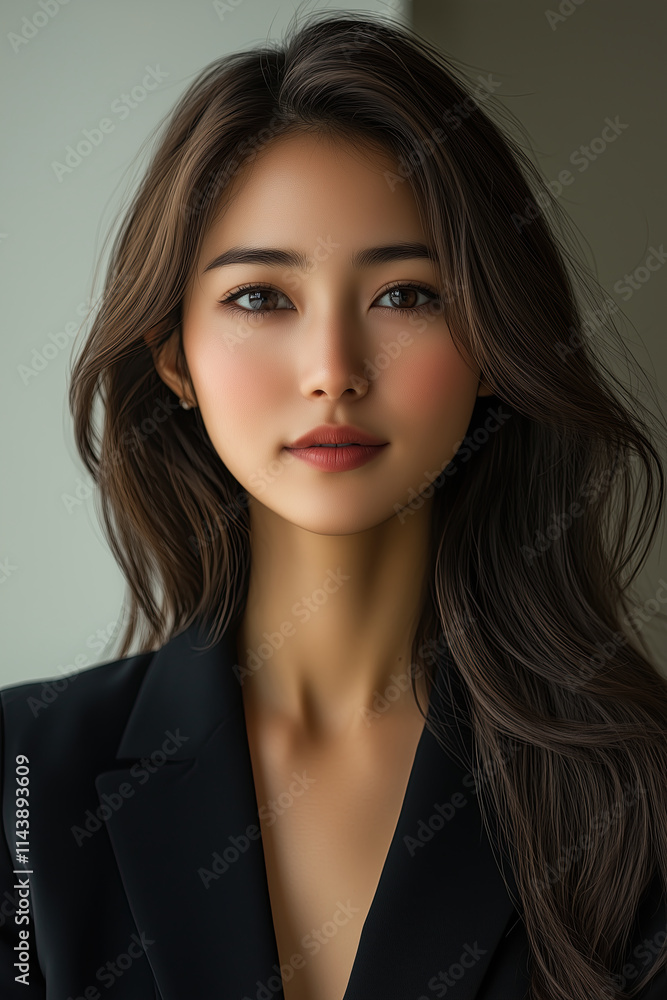 Asian woman with long hair, wearing black professional attire. Asian woman with long hair, wearing black professional attire.