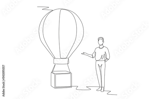 Man standing next to hot air balloon. Hot air balloon concept one-line drawing